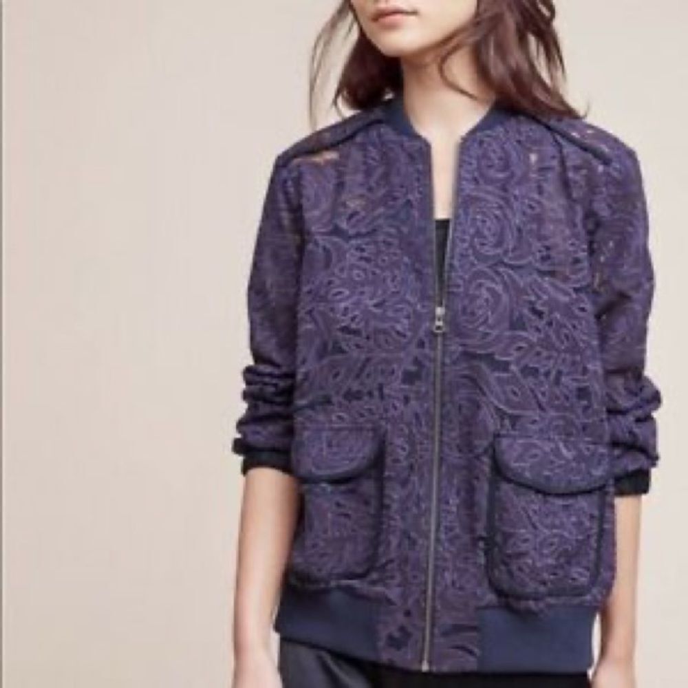 Anthropologie blue lace bomber jacket